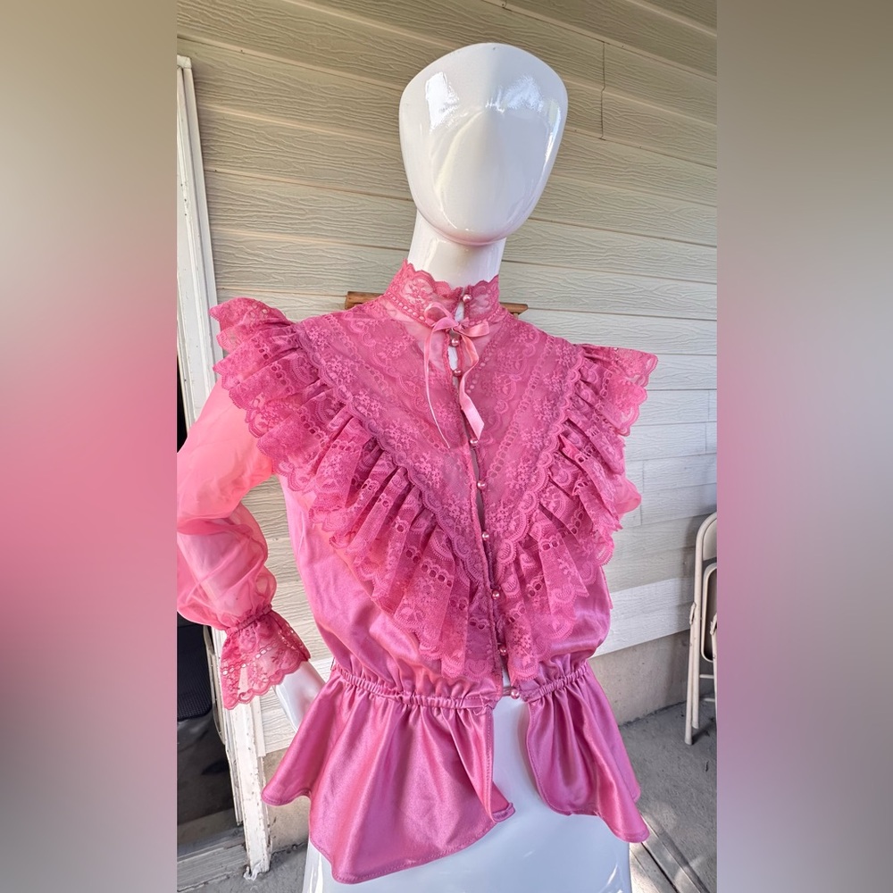 Vintage Pink Ruffled Peplum Blouse with Flutter Sleeves